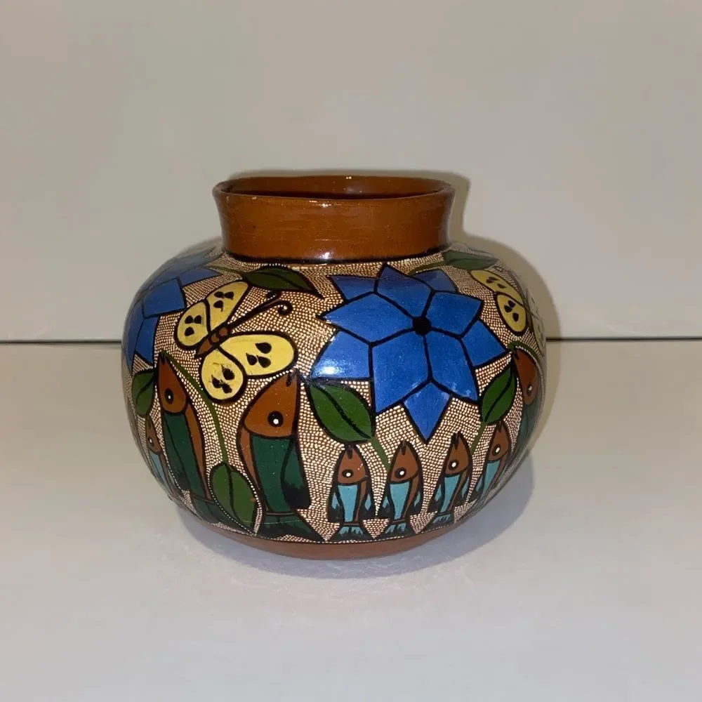 Beautiful‎ Folk Art Fish Family Talavera Pot 5.5”X6 made in Mexico